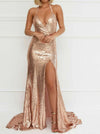 Bling Bling Sequined Rose Gold Mermaid Evening Dresses Women Long Party Gown with Slits PL212