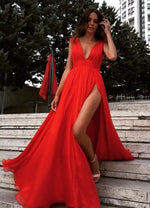 LP8901 Red  Long Sexy Slit Prom Dress V Neck  Evening Party Dress 2022 abiti da sera