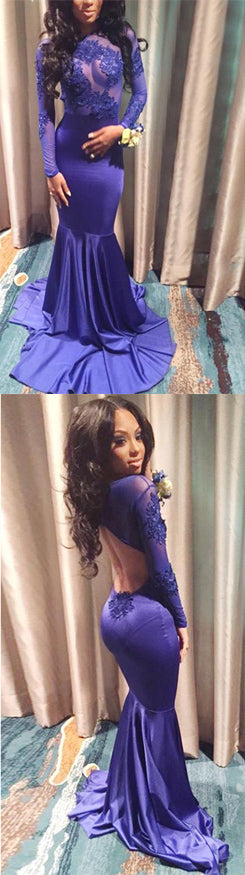 Royal Blue Mermaid Lace Long Sleeves Evening Dresses for Women,Formal Prom Gown