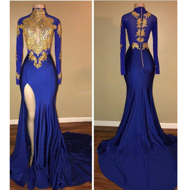High Neck Royal Blue and Gold Lace Evening Dress Long African Girls prom Formal Gown  with Sexy Slit