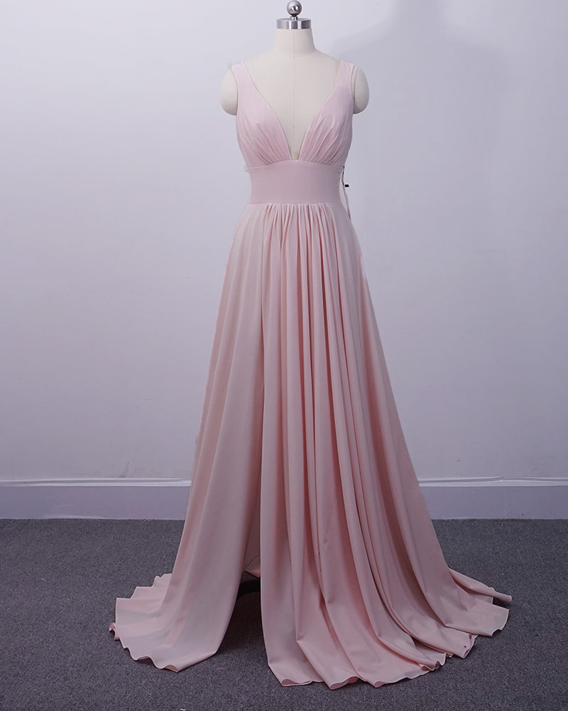 Blush Pink Bridesmaid Dresses Long Women Sexy Slit V Neck Women Wedding Party Gown