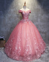 Pink Off the Shoulder Lace Flowers Ball Gown Prom Dress Sweet 15 /16 years Debutante Quinceanera Gown