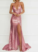 Bling Bling Sequined Rose Gold Mermaid Evening Dresses Women Long Party Gown with Slits PL212