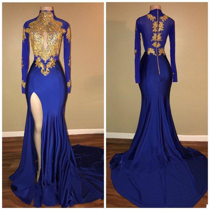 High Neck Royal Blue and Gold Lace Evening Dress Long African Girls prom Formal Gown  with Sexy Slit