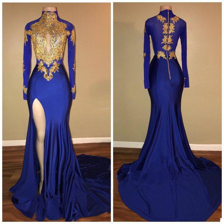 High Neck Royal Blue and Gold Lace Evening Dress Long African Girls pr Siaoryne High Neck Royal Blue and Gold Lace Evening Dress Long African Girls pr Siaoryne