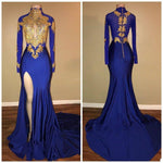High Neck Royal Blue and Gold Lace Evening Dress Long African Girls prom Formal Gown  with Sexy Slit
