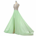 Siaoryne LP007 Cap Sleeves Crystal Long Chiffon Prom Dresses with sexy Split