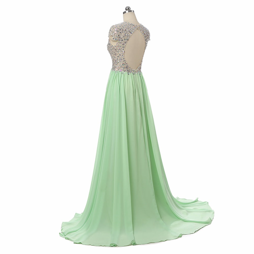 Siaoryne LP007 Cap Sleeves Crystal Long Chiffon Prom Dresses with sexy Split