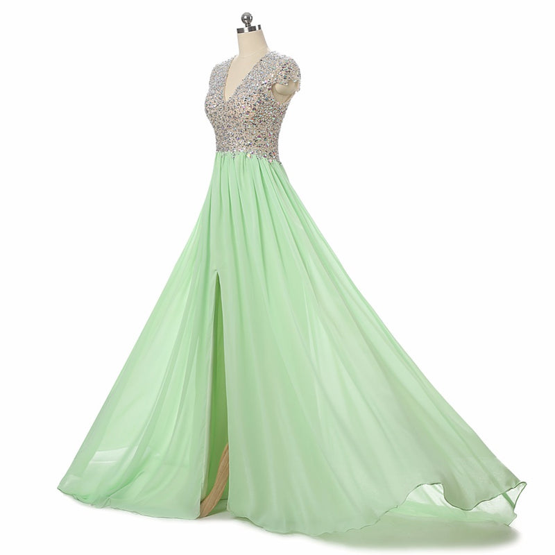Siaoryne LP007 Cap Sleeves Crystal Long Chiffon Prom Dresses with sexy Split