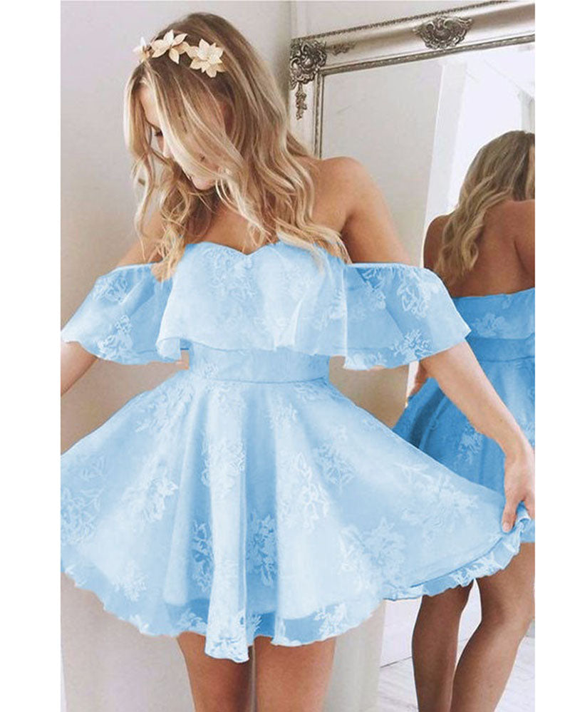 Lovely Baby Blue/Blush Pink off the shoulder Short Lace Homecoming Prom Dresses Girls Short Cocktail Gown SP578