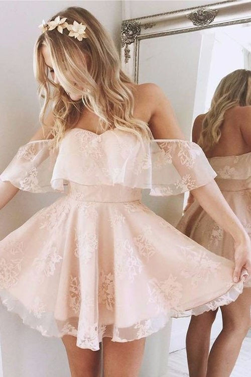 Lovely Baby Blue/Blush Pink off the shoulder Short Lace Homecoming Prom Dresses Girls Short Cocktail Gown SP578