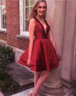 Sexy Burgundy  Deep V Neck Short Prom Dress Satin  Girls Short Homecoming Dress SP068