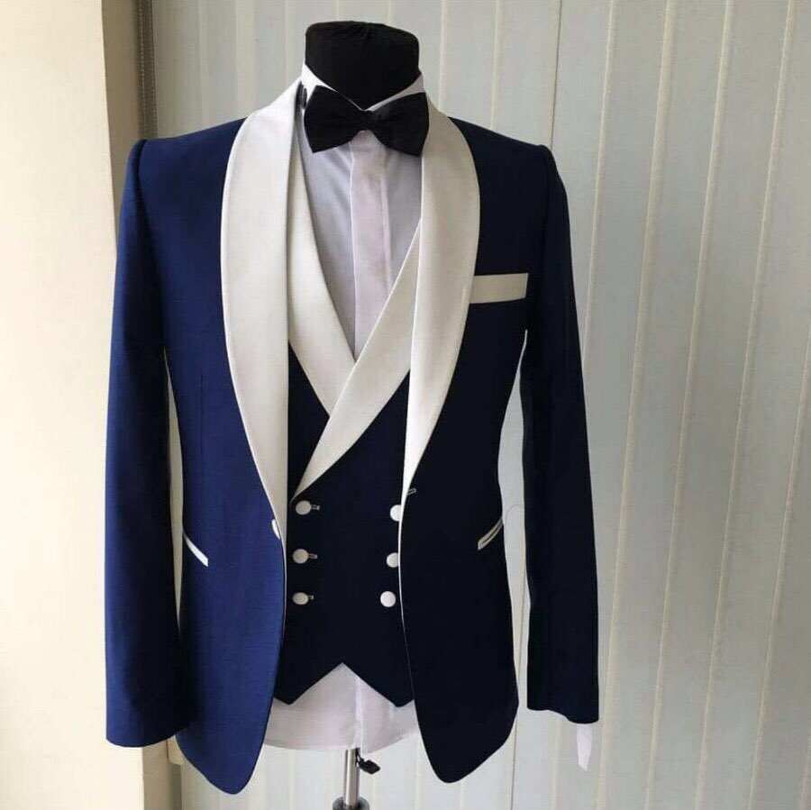 Blue and White Groomsmen Men Wedding Suit Tuxedo Formal Wear