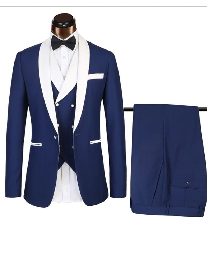 Blue and White Groomsmen Men Wedding Suit Tuxedo Formal Wear