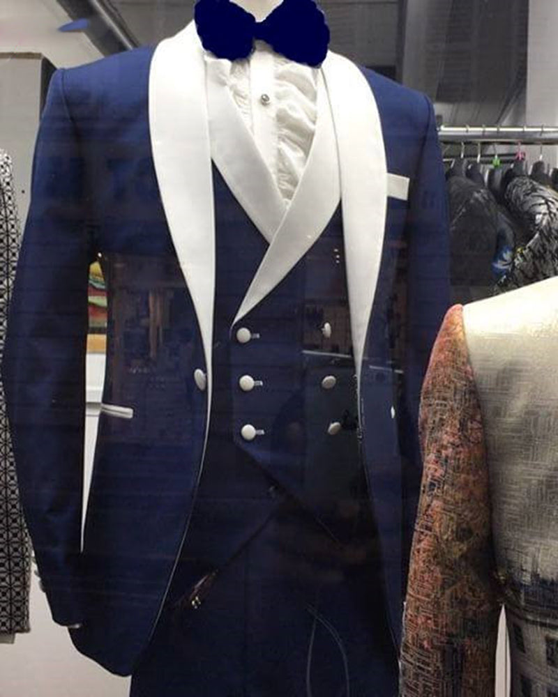 Blue and White Groomsmen Men Wedding Suit Tuxedo Formal Wear