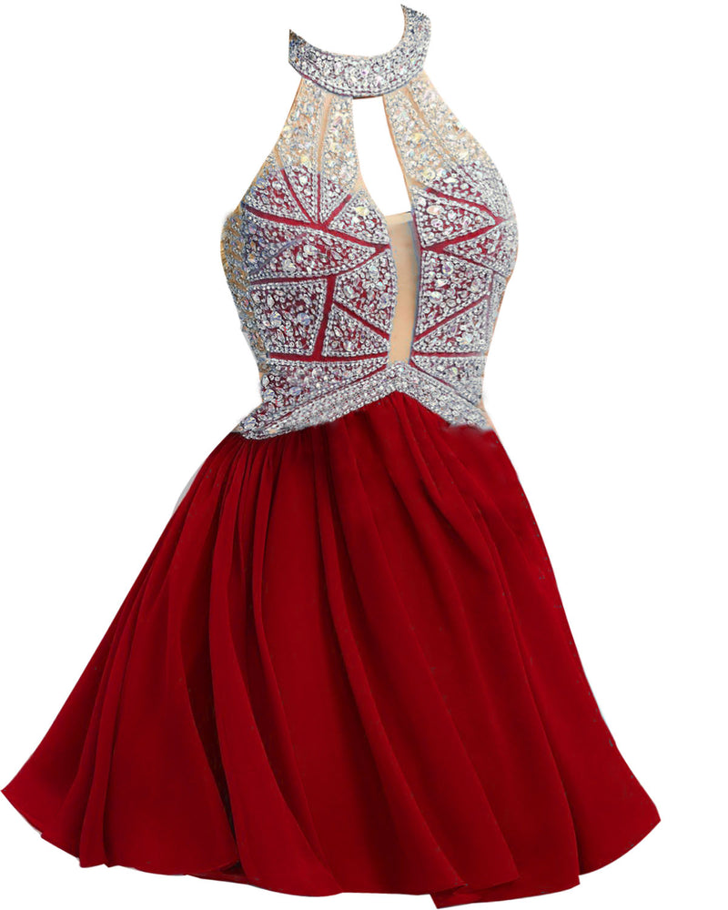 Siaoryne Chiffon A Line high neck short prom dress beading homecoming dresses