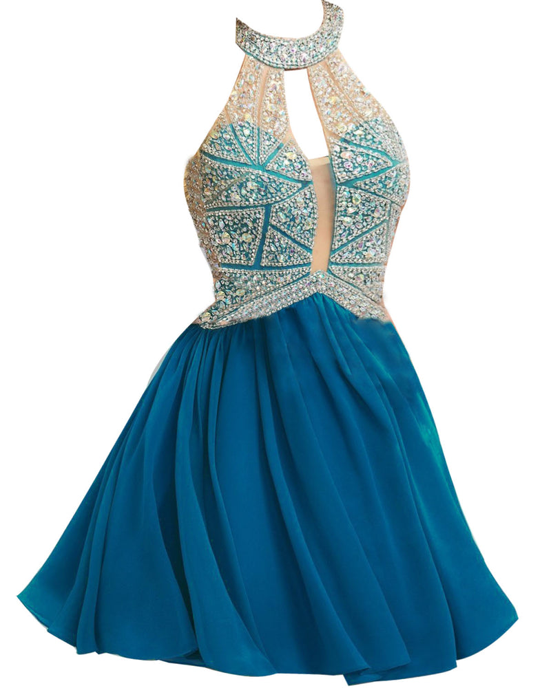 Siaoryne Chiffon A Line high neck short prom dress beading homecoming dresses