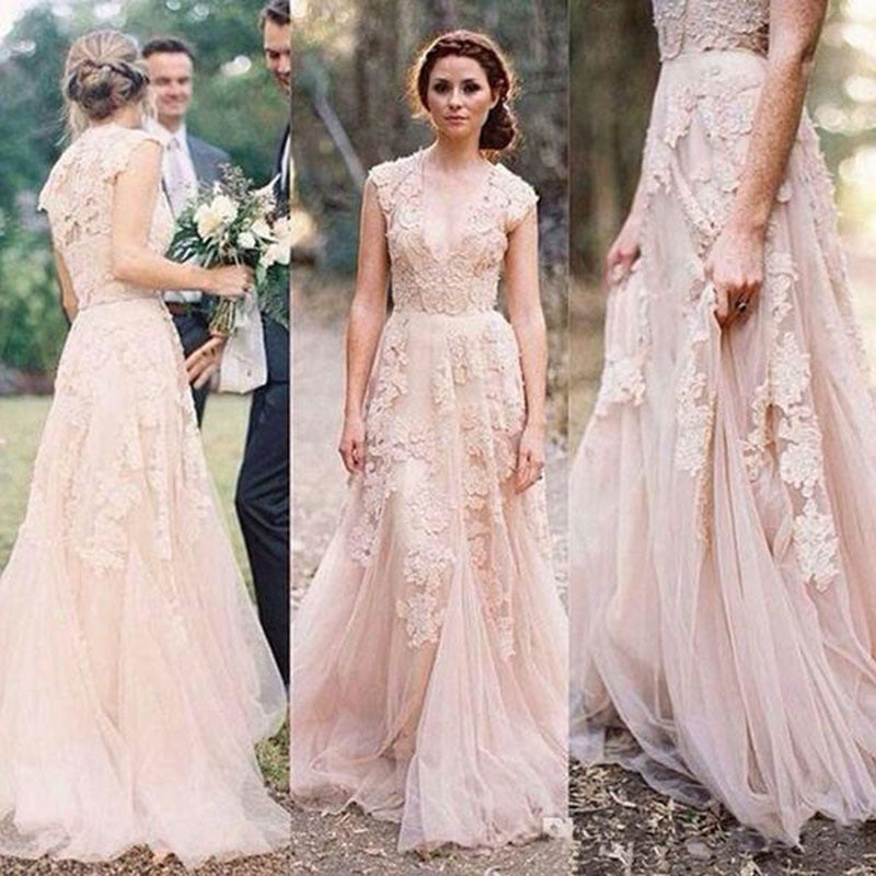 WD0212 Vestido de novia de encaje con mangas cortas en color rosa ruborizado, vestidos de novia campestres de corte A, vestido económico, vestido de novias