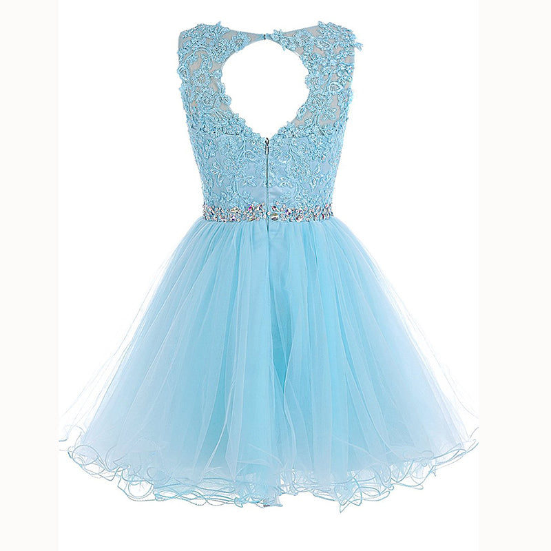 Baby Blue Lace Puffy Short Party Dress Graduation Junior Prom Cocktail Gown