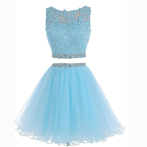 Classy Light Blue Two Pieces Girls Short Dress Crop Top Mini Homecoming Prom Dresses Semi formal Gown MO500