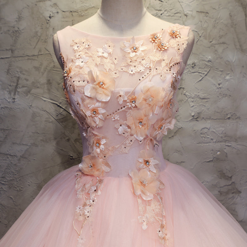 Pink Quinceanear Dress Ball Gown Scoop Neck Lace Prom Gown