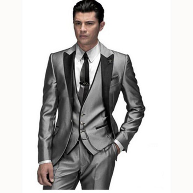 Custom Made Smoking Terno Cinza Gray suits Men Set Slim Groom Wedding Tuxedos( jacket+Pants+vest)