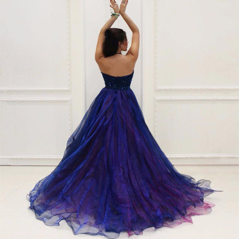 Flattering Blue  Rhinestone silhouette Mesh Hi low Prom Dress Girls Senior Graduation Gown for Party