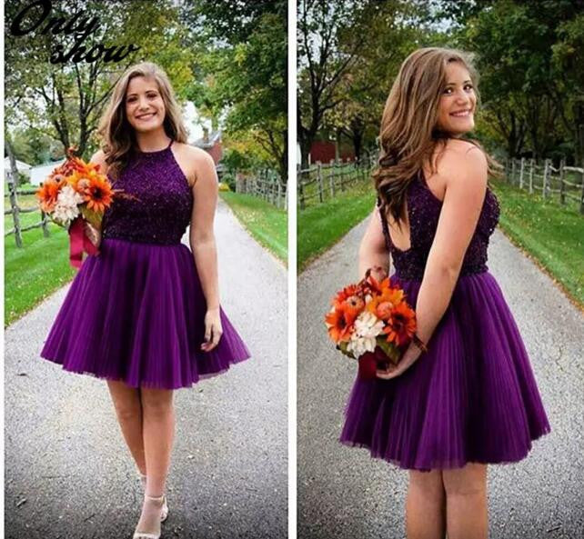 Siaoryne New Arrive Hot Sale Purple Beading Tulle Ball Gown Homecoming dress Short Graduation Gown for girls
