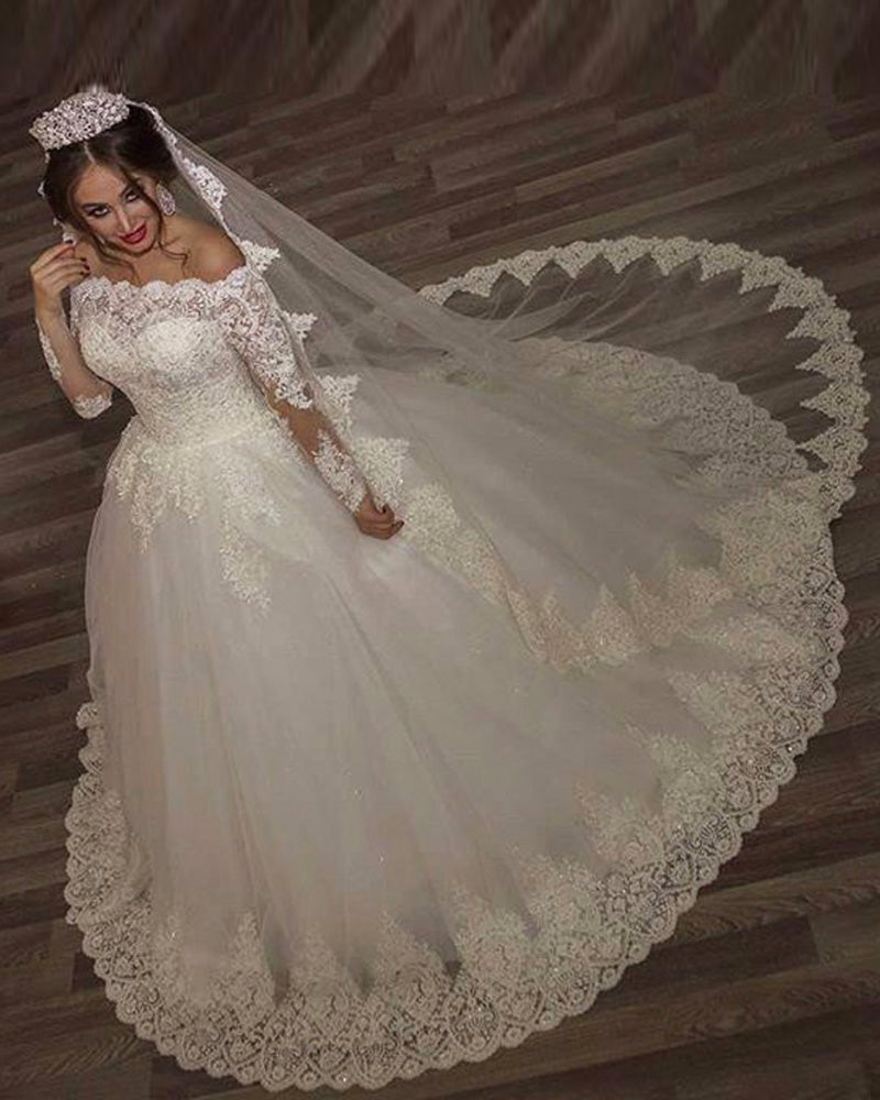 Off the Shoulder Bridal Dresses Lace Long Sleeves White Wedding Gown WD213