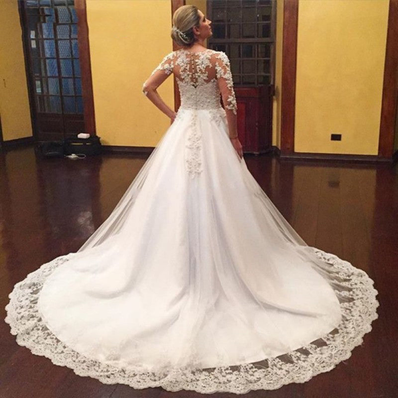 Plus Size Long Sleeves Lace Wedding Dresses Sexy V Neck Appliques Bead ...