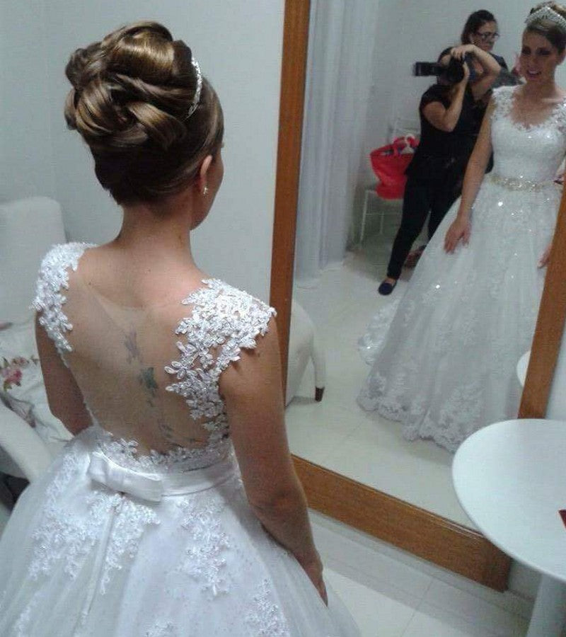 White  vestidos de noiva A Line appliques Vintage lace wedding dresses 2018  Bridal Ball Gown with Belt WD995
