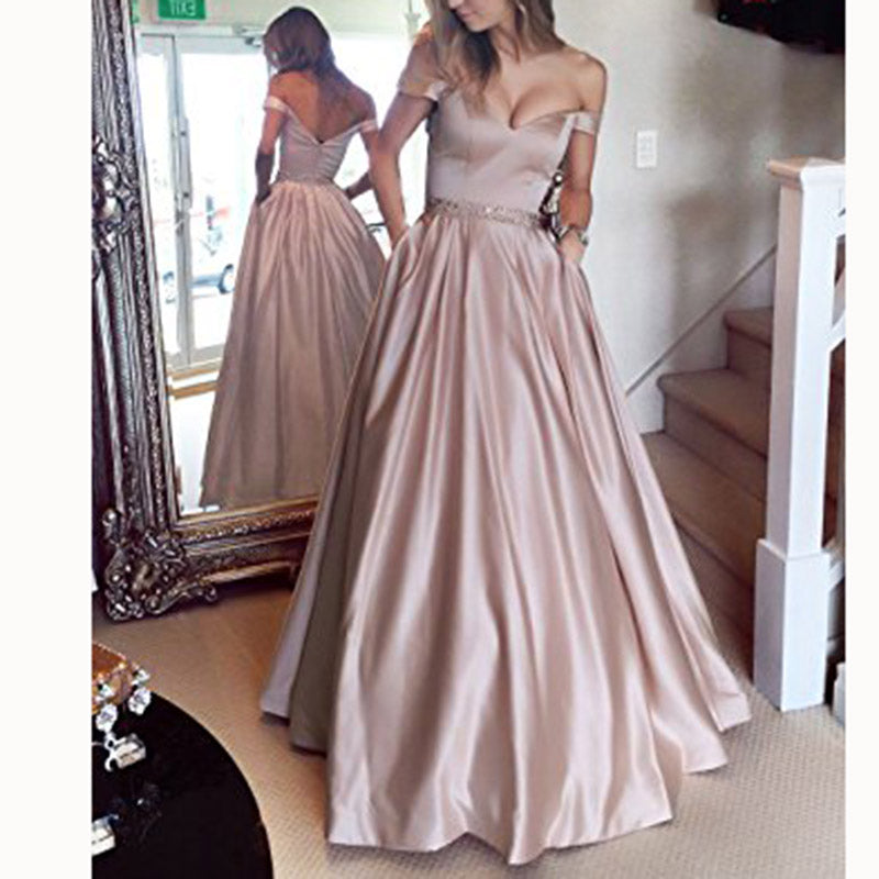 Elegant Off the Shoulder A Line Satin Prom Dress Girls Graduation Long Evening Gown Vestido De Festa