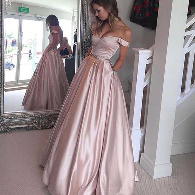 Elegant Off the Shoulder A Line Satin Prom Dress Girls Graduation Long Evening Gown Vestido De Festa