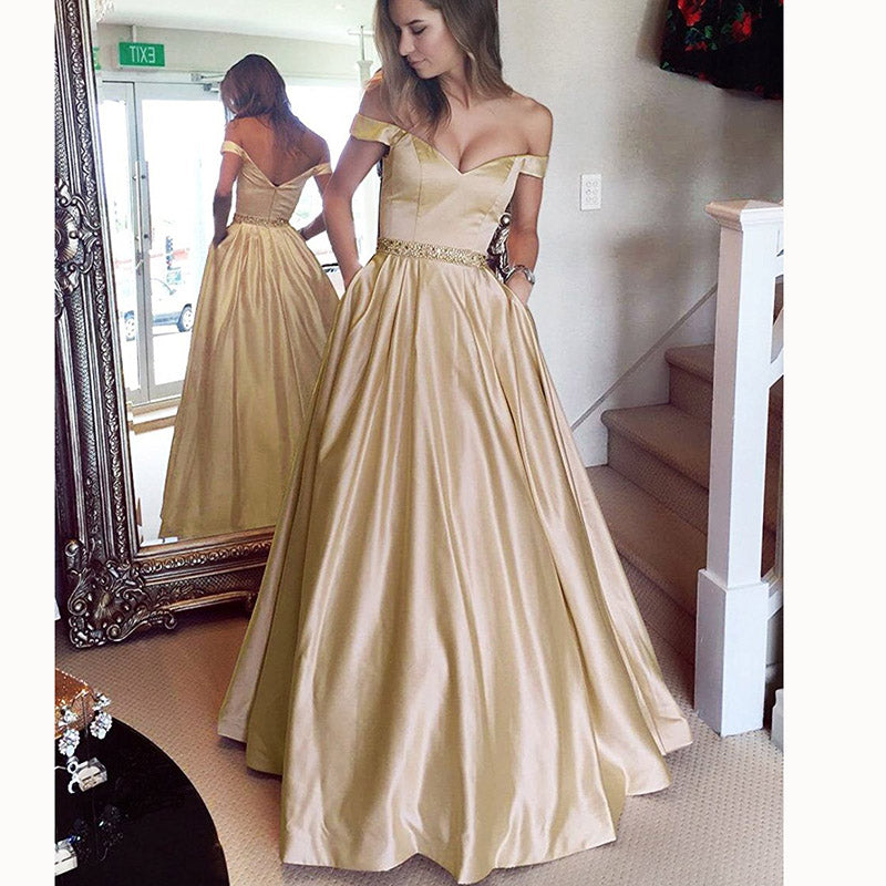 Elegant Off the Shoulder A Line Satin Prom Dress Girls Graduation Long Evening Gown Vestido De Festa