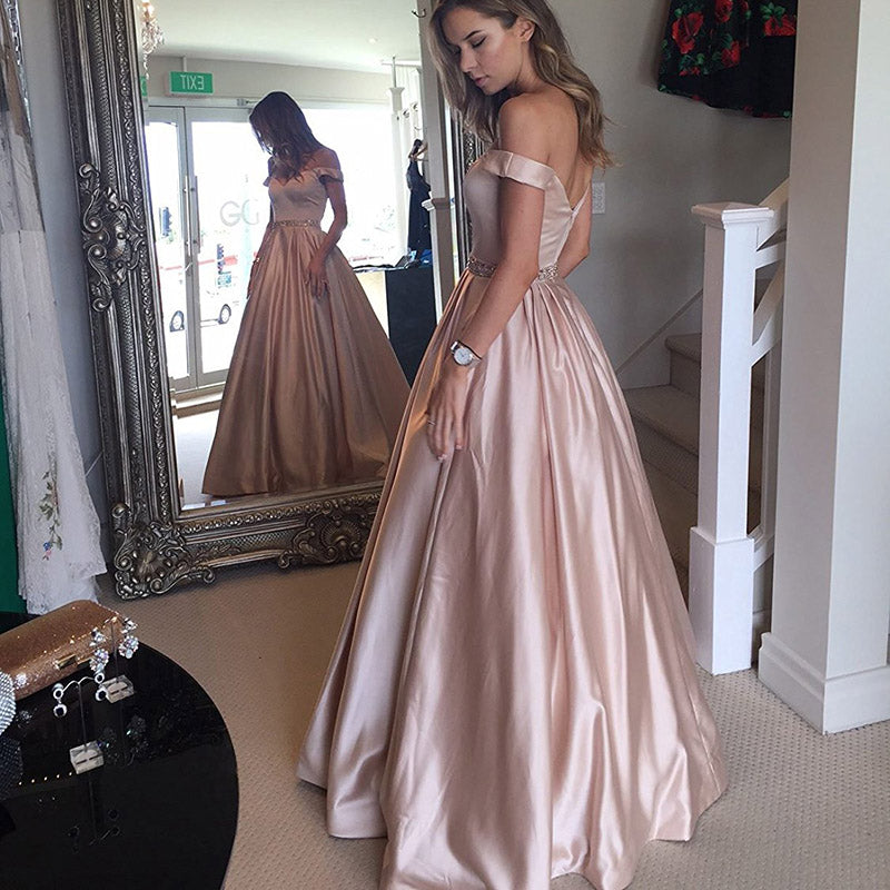Elegant Off the Shoulder A Line Satin Prom Dress Girls Graduation Long Evening Gown Vestido De Festa