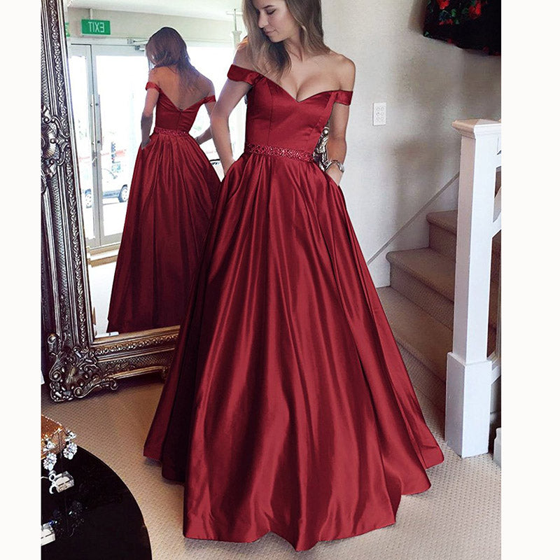 Elegant Off the Shoulder A Line Satin Prom Dress Girls Graduation Long Evening Gown Vestido De Festa