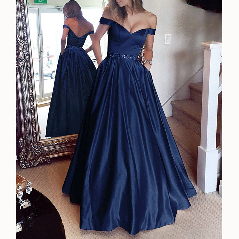 Elegant Off the Shoulder A Line Satin Prom Dress Girls Graduation Long Evening Gown Vestido De Festa