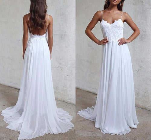 Sexy Spaghetti Straps Boho Beach Wedding Dresses Lace Appliques Bohemian Bridal Dresses