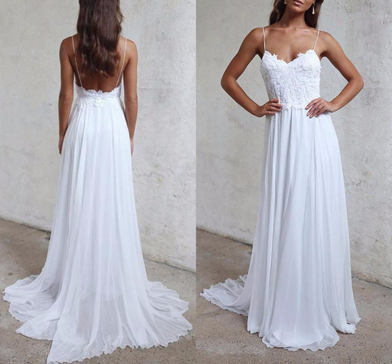 Sexy Spaghetti Straps Boho Beach Wedding Dresses Lace Appliques Bohemian Bridal Dresses