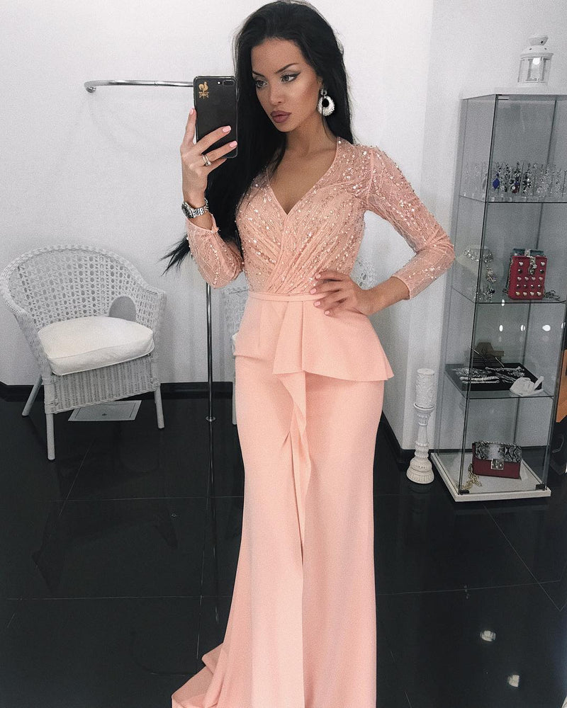 Siaoryne LP0907 Sexy Long Sleeves V Neck Beading Split Prom Dress Formal Prom Gowns