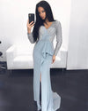 Siaoryne LP0907 Sexy Long Sleeves V Neck Beading Split Prom Dress Formal Prom Gowns