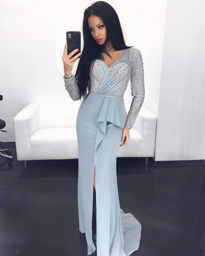 Siaoryne LP0907 Sexy Long Sleeves V Neck Beading Split Prom Dress Formal Prom Gowns