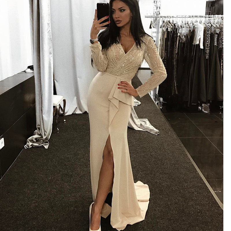 Siaoryne LP0907 Sexy Long Sleeves V Neck Beading Split Prom Dress Formal Prom Gowns