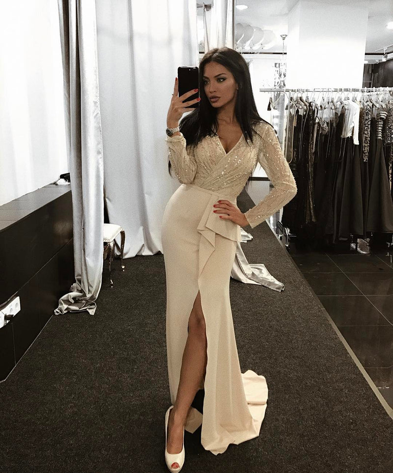 Siaoryne LP0907 Sexy Long Sleeves V Neck Beading Split Prom Dress Formal Prom Gowns