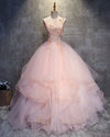 Pink Quinceanear Dress Ball Gown Scoop Neck Lace Prom Gown