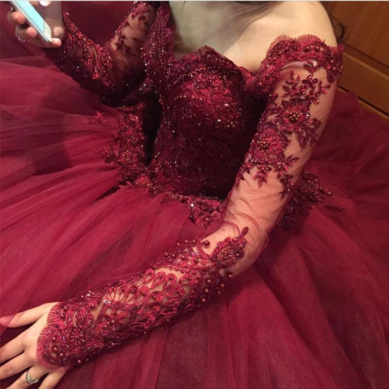 Burgundy Long Sleeves Quinceanera Dress Sweet 15 Dresses Ball Gown Wedding Gown PL2150