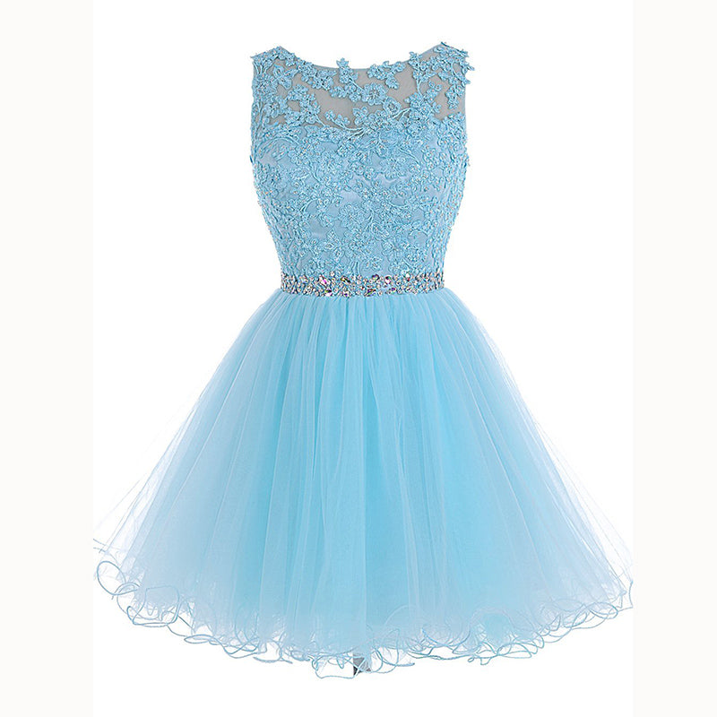 Baby Blue Lace Puffy Short Party Dress Graduation Junior Prom Cocktail Gown