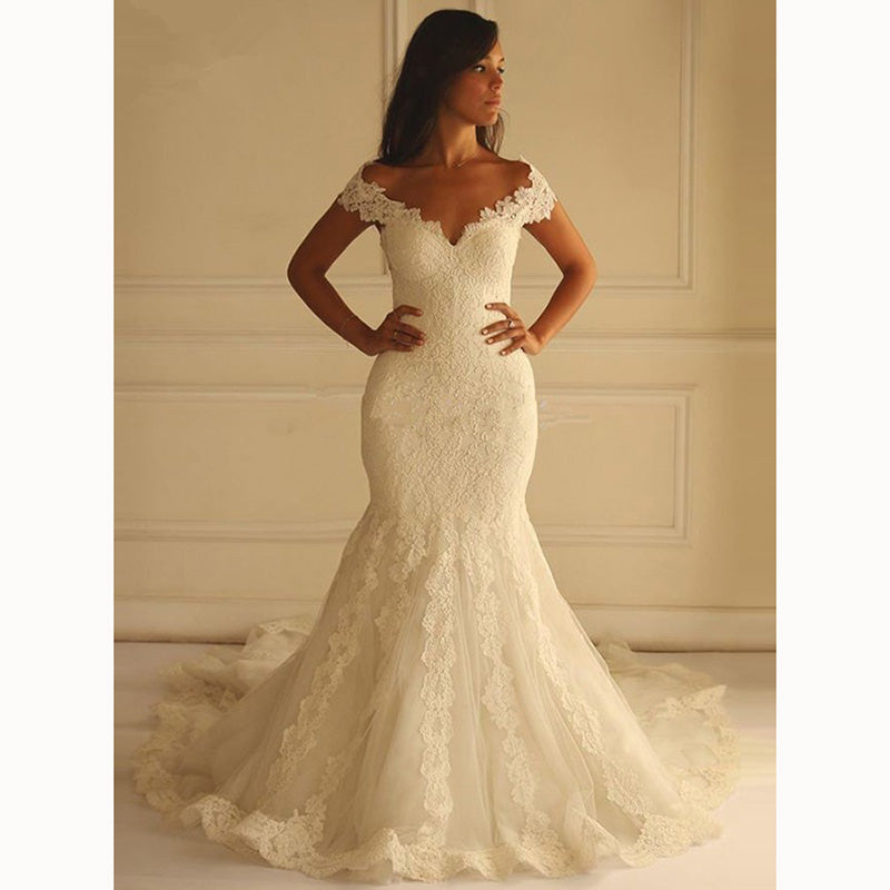Best Ivory Mermaid wedding Gown Lace Bridal Dress Cap Sleeves robe de mariée 2020