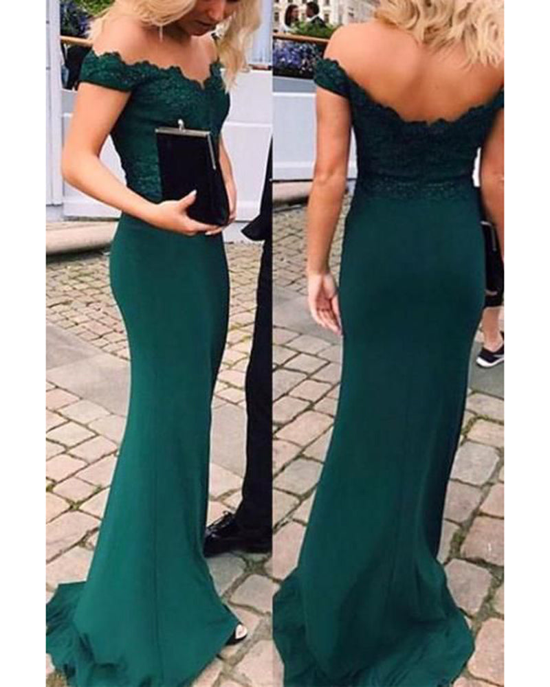 2023 Dark Green Long  Off the Shoulder Fitted Evening Prom Dress PL6541