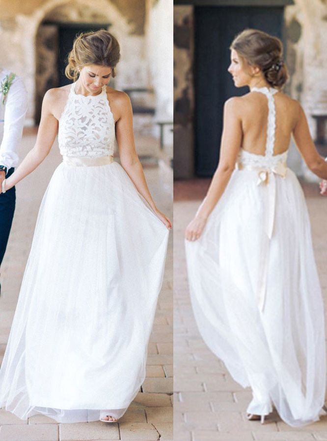 2020Summer Boho Countryside Wedding Dress Beach halter lace and Chiffon Bridal Gown with Belt robe de mariée